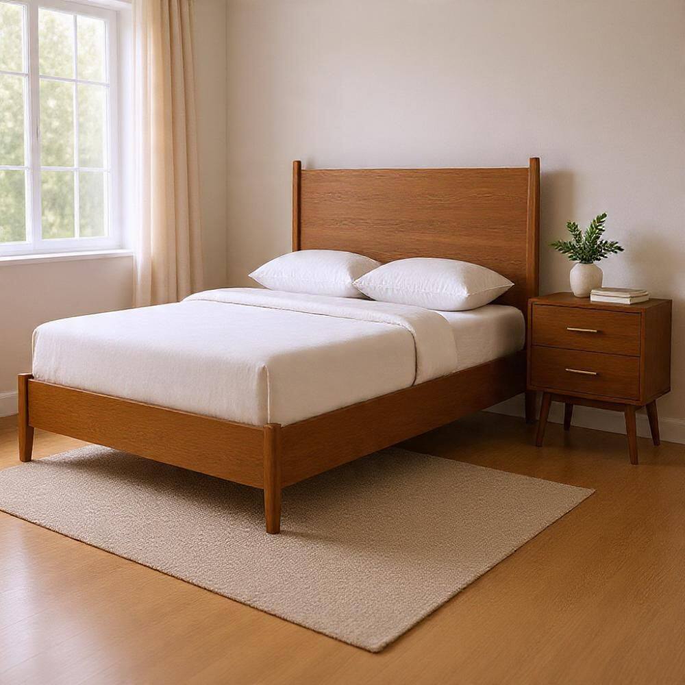 2-Piece Walnut Brown and Nickel Wood Queen Bedroom Set with Nightstand