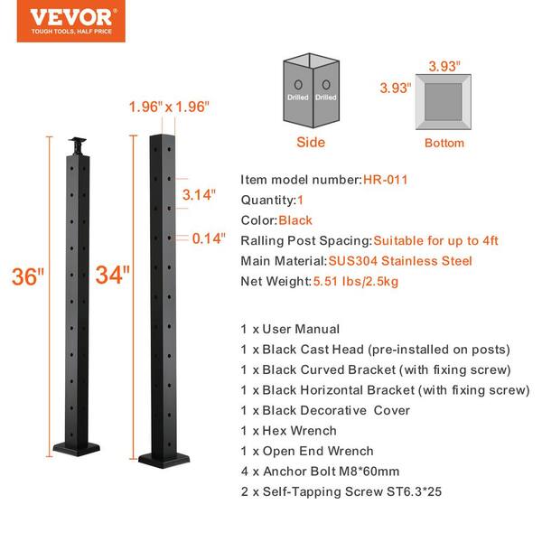 VEVOR Cable Railing Post 36 in. L x 2 in. W x 2 in. H Steel L-Shaped Hole Corner Railing Post SUS304 Stainless Steel Rail Post