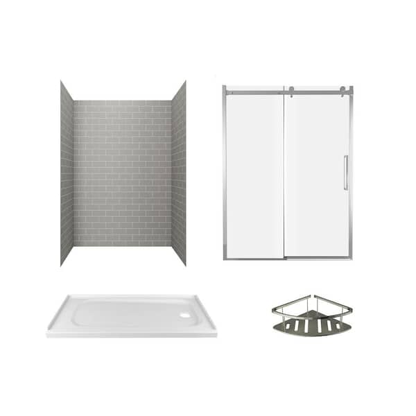 American Standard Passage 60 in. x 72 in. Right Drain 4-Piece Glue-Up Alcove Shower Wall, Shelf, Door and Base Kit in Gray Subway Tile