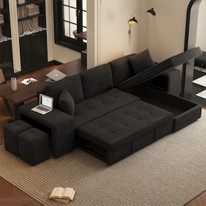 104.5 in. W Modern Charcoal Gray Chenille Full Size Sofa Bed with Storage Chaise and 2 Stools for Living Room