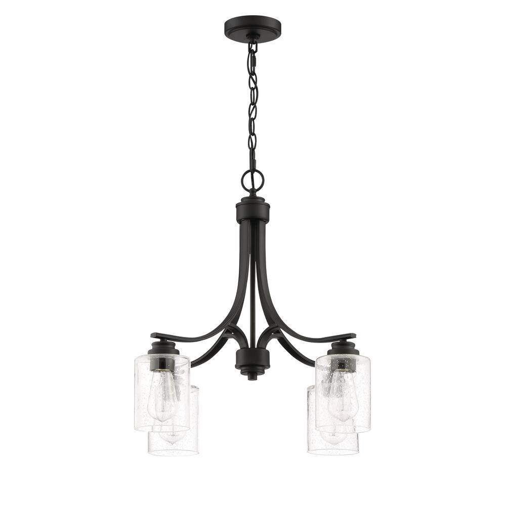 Flat Black and Clear Seeded Glass 4-Light Chandelier