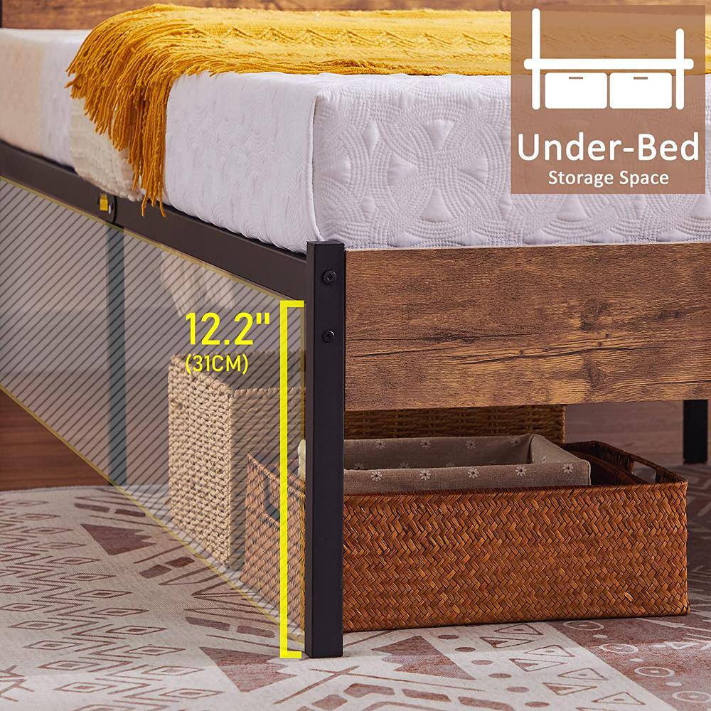 Full Metal Platform Bed Frame with Wooden Headboard，Platform Bed with Metal Frame Under Bed Storage，56.6"W，Brown - thumbnail 3