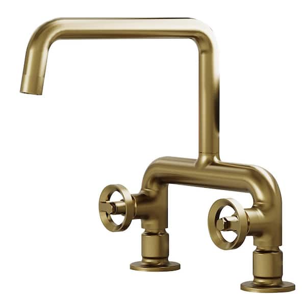 2-Handle Cross Bridge Kitchen Faucet with 360° Swivel Spout in Brushed Gold