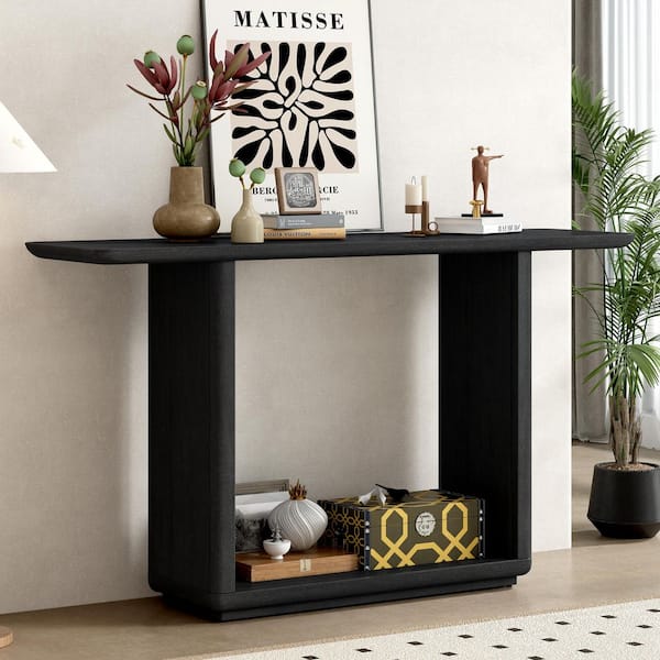 Harper & Bright Designs 59.8 in Black Specialty Curved Corners Acacia Venner and MDF Console Table with U-Base