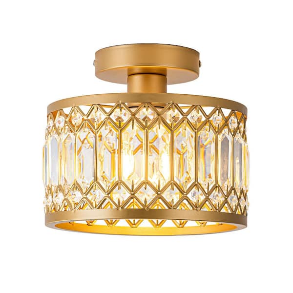 Modern 9 in. 1-Light Gold Semi Flush Mount Ceiling Light Crystal Fixture for Hallway Entryway Bedroom Bulbs Not Included