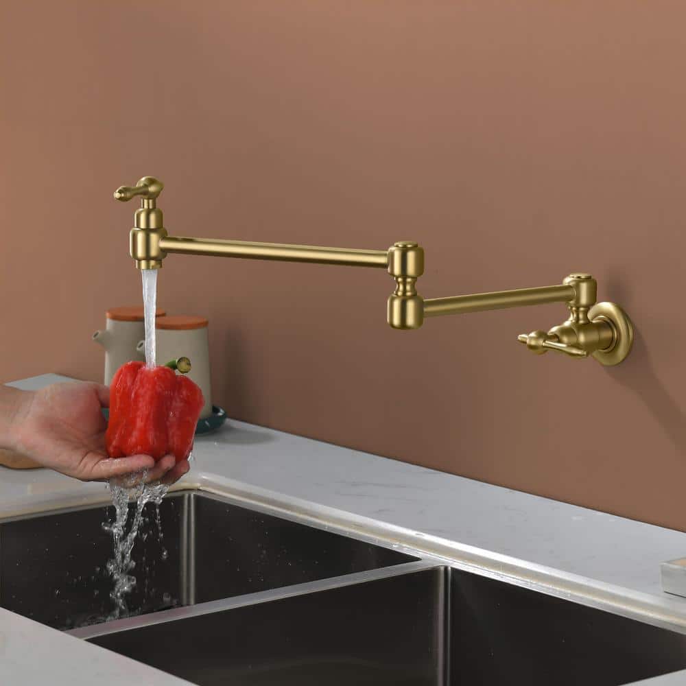 Brushed Gold Brass Double Handle Wall Mount Pot Filler Faucet