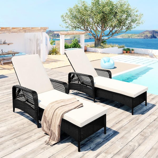 URTR Black 2-Piece Wicker Lounge Chair Outdoor Reclining Rattan Chaise Lounger with Adjustable Backrest, Light Beige Cushion