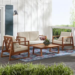 Willow Glen Farmhouse 4-Piece Wood Outdoor Patio Conversation Seating Set with Beige Cushions