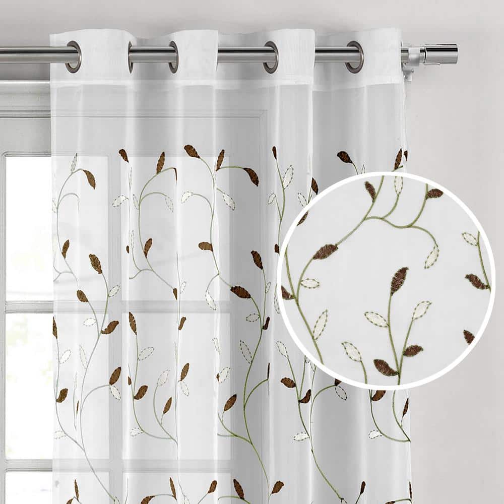Brown Floral Embroidered Sheer Grommet Curtain Panel 54" x 84"