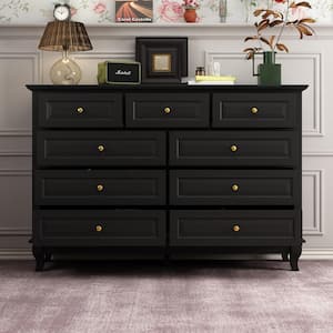 9-Drawer Black Wood Dresser Storage Cabinet Modern Style 37 in. H x 55.1 in. W x 15.7 in. D