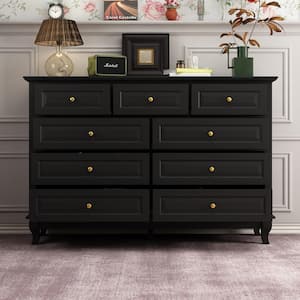 9-Drawer Black Wood Dresser Bedroom Storage Cabinet Modern Style 37 in. H x 55.1 in. W x 15.7 in. D