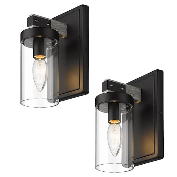 4.5 in. 1-Light Matte Black and Light Wood Grain Bathroom Vanity Light with Clear Glass Shade(Set-2)