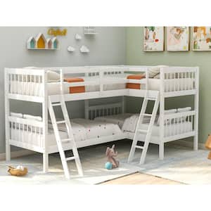 L-Shaped Bunk Bed Twin Over Twin, Quad Bunk Bed with Guardrail and Angle Ladder, Wood Twin Bunk Beds for 4, Corner Bunk