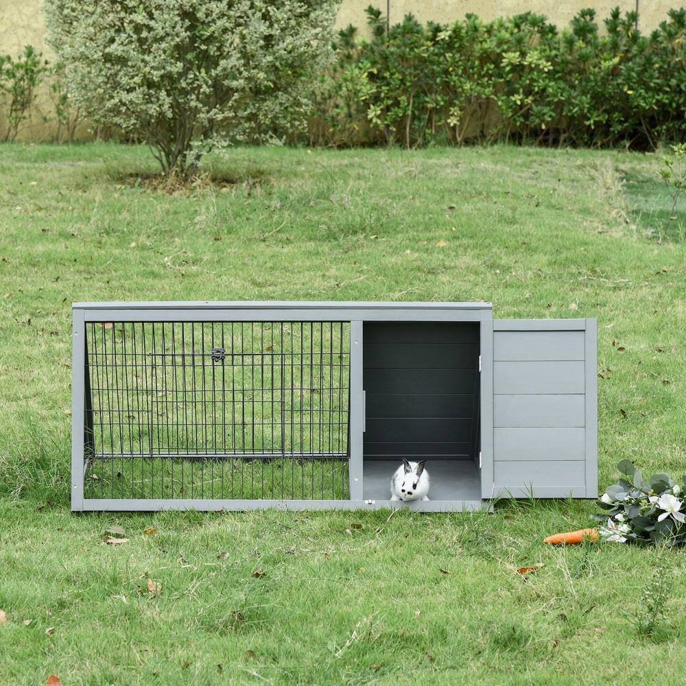 Gray Wooden A-Frame Outdoor Small Animal Hutch with Wire Enclosure
