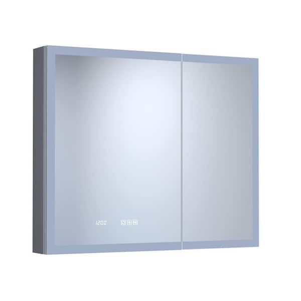 36 in. W x 30 in. H Rectangular Aluminum LED Medicine Cabinet with Mirror with Time Temperature Display