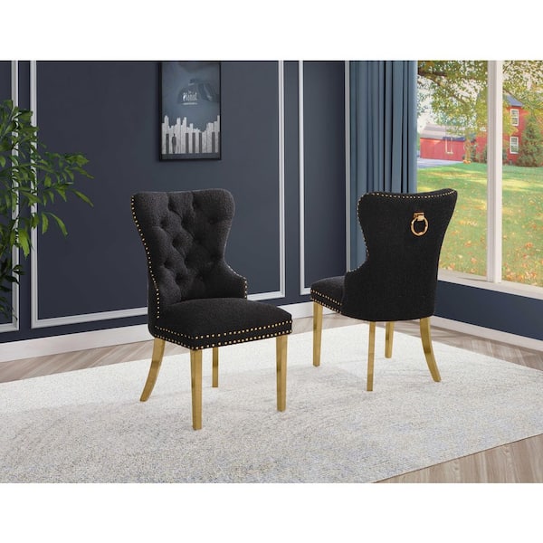 Best Quality Furniture Indira Black Boucle Fabric Side Chair (Set of 2) with Gold Legs