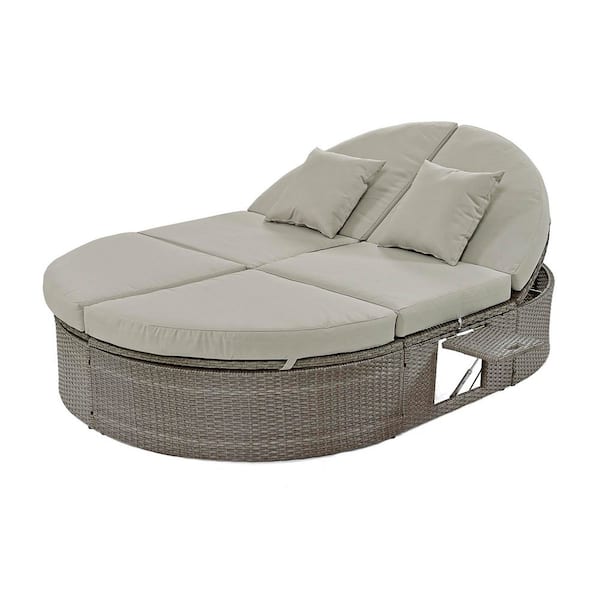 Sudzendf Gray Wicker Outdoor Day Bed, Garden Reclining Chaise Lounge with Gray Cushions, Adjustable Backrests and Pillows