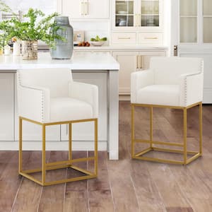 Luna 26 in. Beige Fabric Upholstered Counter Bar Stool with Golden Metal Frame Square Counter Stool Set of 2