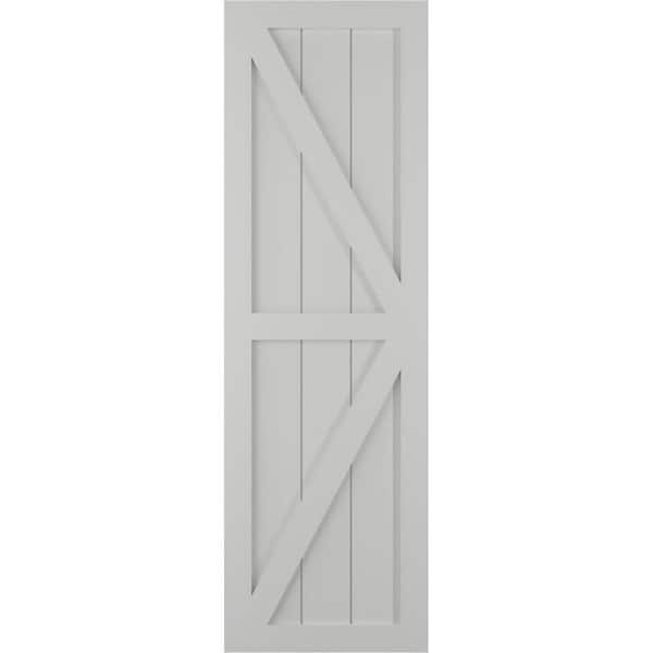 Ekena Millwork 12 in. x 34 in. PVC 2-Equal Panel Farmhouse Fixed Mount with Z-Bar Board and Batten Shutters Hailstorm Gray