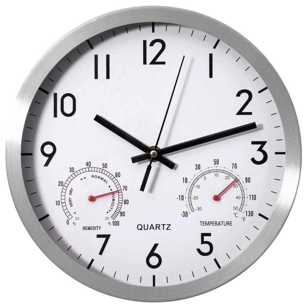 CLOCKSWISE 10 in. Non-Ticking Silver Wall Clock with Thermometer