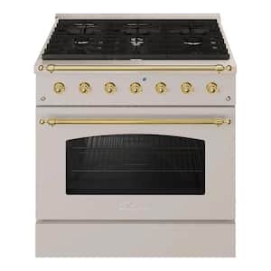 CLASSICO 36 in. 5.2 Cu. ft.6 Burner Freestanding Dual Fuel Range Gas Stove and Electric Oven, Stainless steel Brass Trim