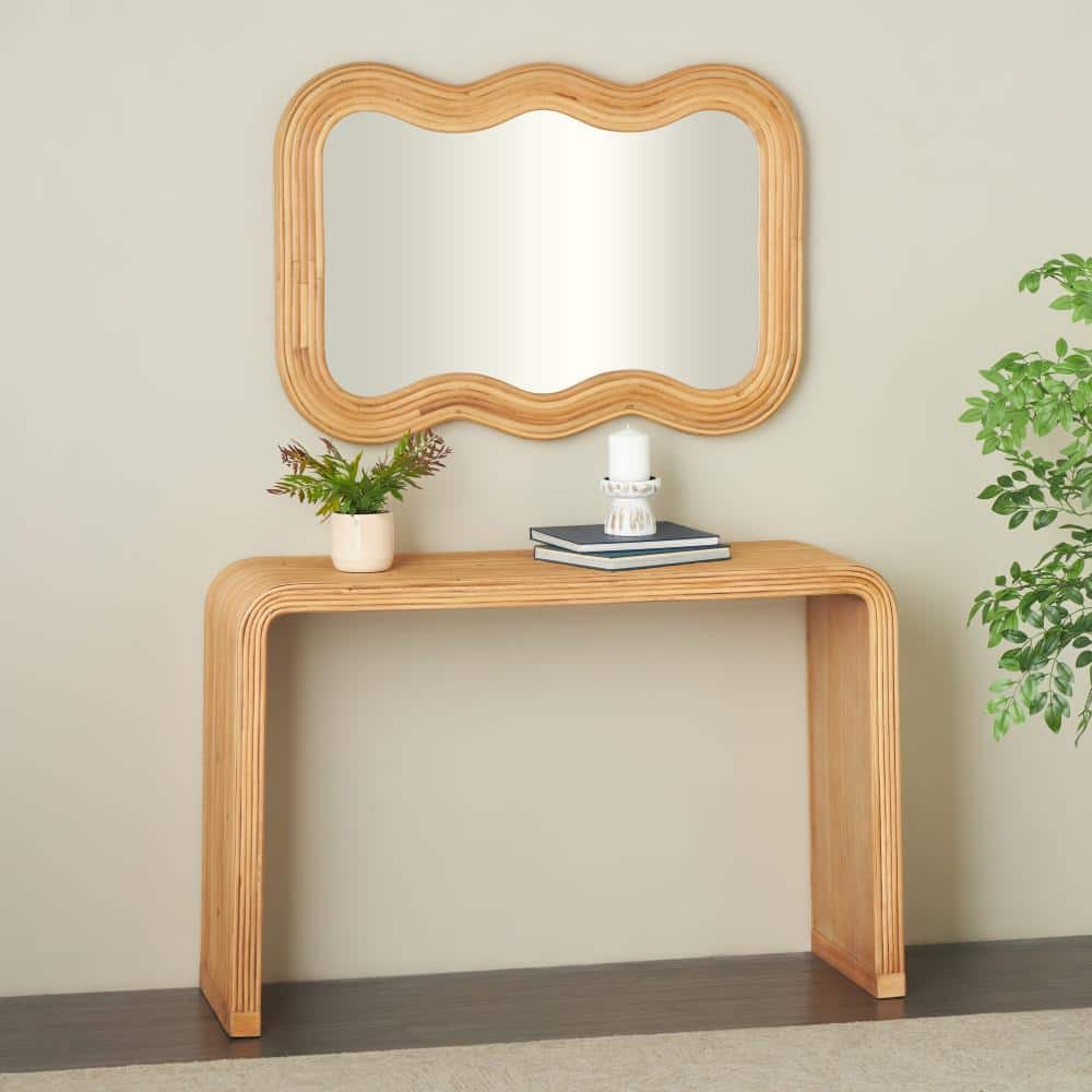 27 in. Brown Extra Large Rectangle Wood Handmade Ribbed Console Table with Mirror (2-Pieces) price history on PriceWatchPro