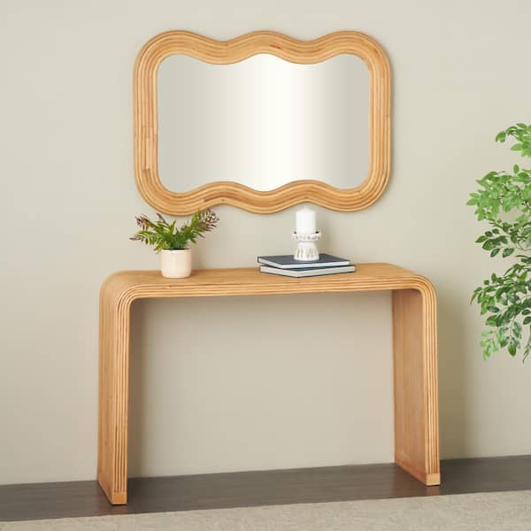 27 in. Brown Extra Large Rectangle Wood Handmade Ribbed Console Table with Mirror (2-Pieces)