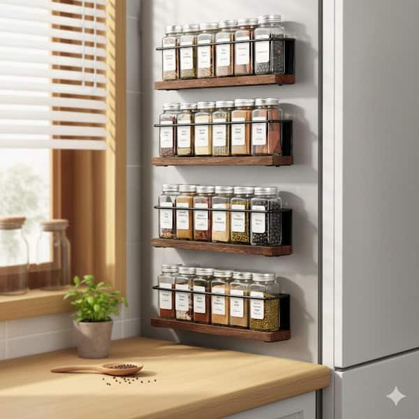 4 Magnetic Shelf Black Refrigerator Microwave Mount Spice Rack Organizer Set with 24 Glass Jars Labels Funnel