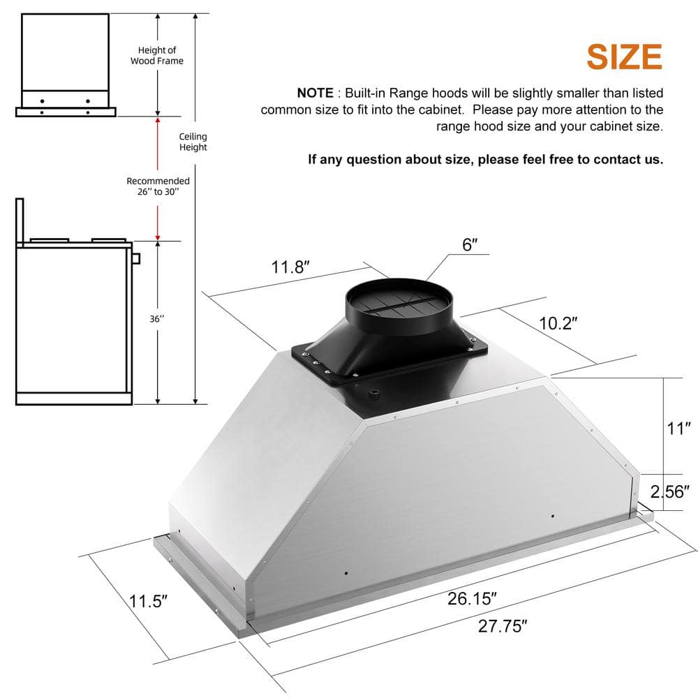 BRANO 30 Inch Stainless Steel Range Hood with LED Lights