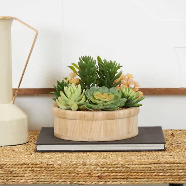 7 in. H Artificial Succulent Plant with Brown Wooden Pot