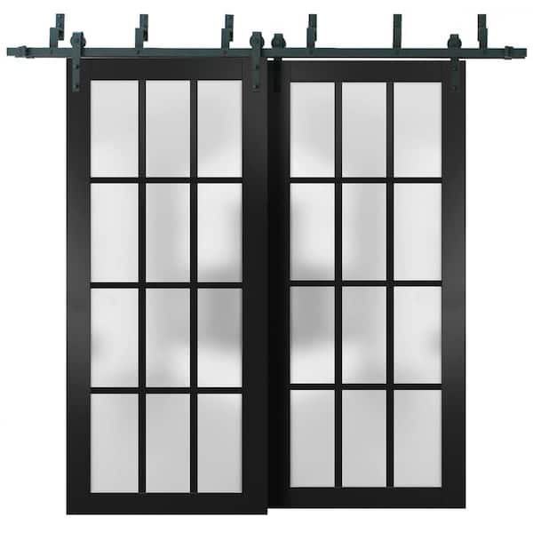84 in. x 80 in. 2 Panel Frosted Glass Black Matte Solid Wood Sliding Barn Door with Hardware Kit