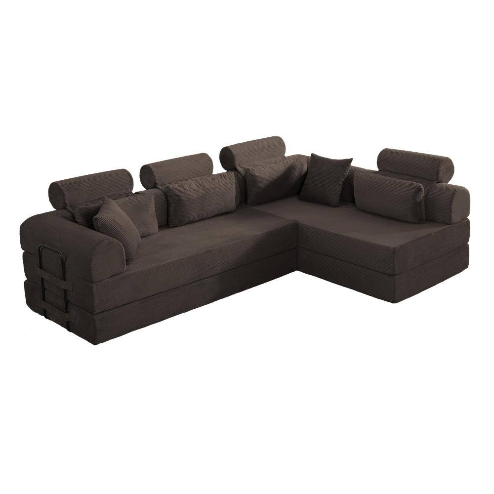 L-Shape Modular Sectional 106.3 in. Chaise 4-piece Corduroy Convertible Sofa Bed with Storage Sectional Sofa in Brown