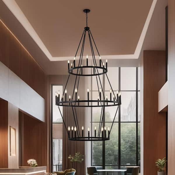 Modern 36-Light Black 3-Tier Wagon Wheel Farmhouse Industrial Chandelier Rustic Candlestick Pendant Light