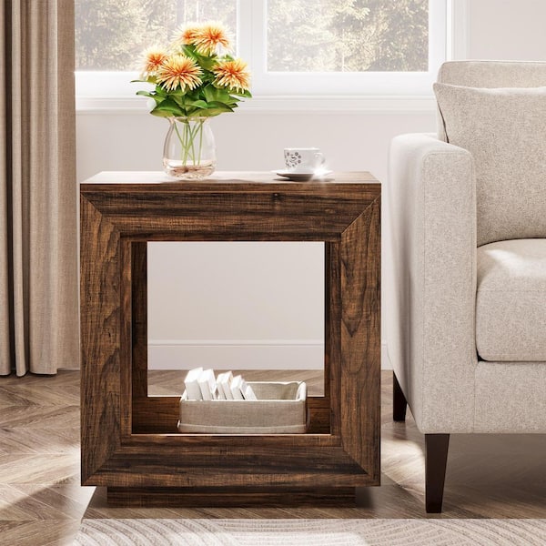 Kerlin 23.62 in. Walnut Rectangle MDF Side Table 2-Tier End Table with Metal Frame for Living Room, Bedroom