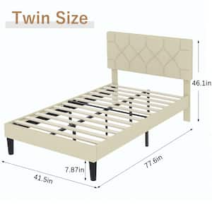 Upholstered Bed Beige Metal Frame Twin Platform Bed with Button Tufted Headboard, Wood Slat Support