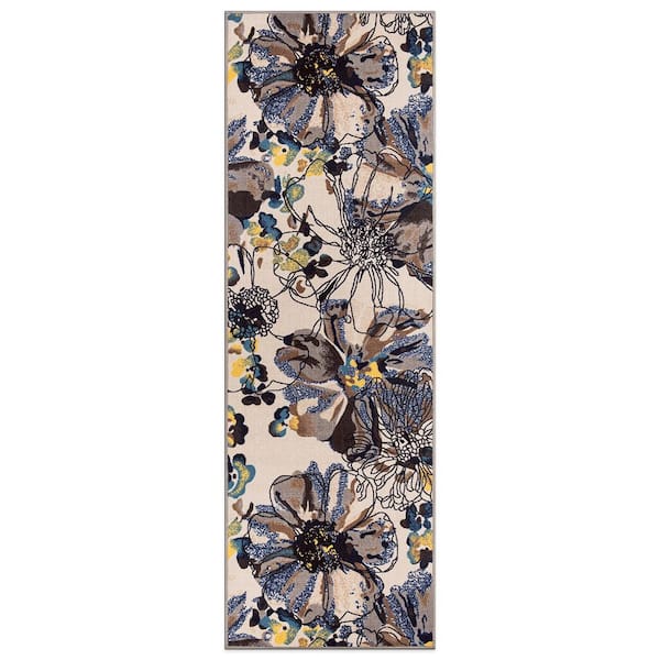 Contemporary Bright Flowers Non-Slip (Non-Skid) Cream 2 ft. 7 in.  x 8 ft.  Indoor Runner Rug