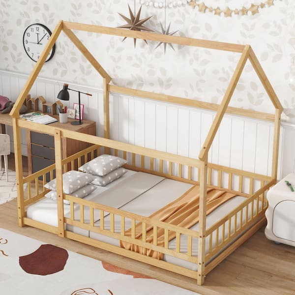 Natural Yellow Wood Frame Full Size House Platform Bed with Roof Frame, Safety Guardrails