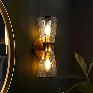 Modern Tube Bathroom Vanity Light 2-Light Funnel Plating Brass Wall Light with Seeded Glass Shades