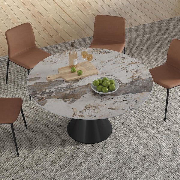 Lesly Modern Round Pandora Color Pandora Stone TableTop 53.15in. Black Titanium Stainless Steel Pedestal Dining Table(4 Seats)