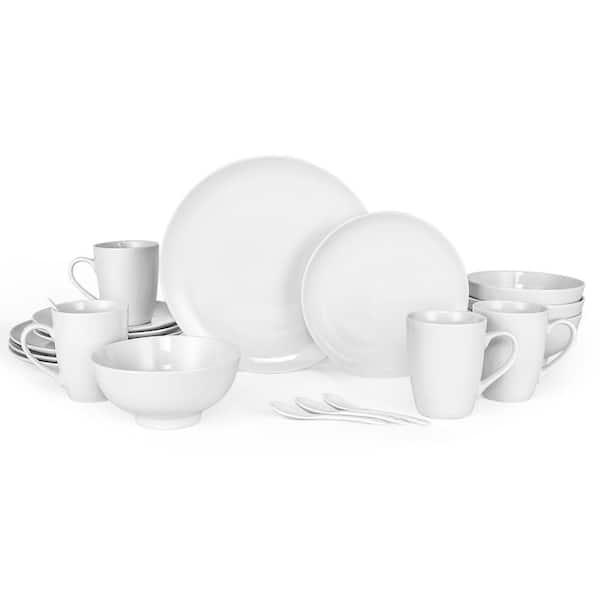 FUNKOL White Porcelain Dinnerware Set, 20-Piece Service for 4 with Dinner Plates, Salad Plate, Bowls, Mugs and Teaspoons