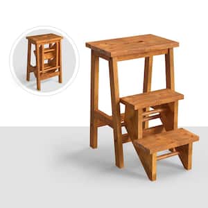 3-Step Rubber Wood Step Stool, 200 lbs. with Convenient Handle in Brown