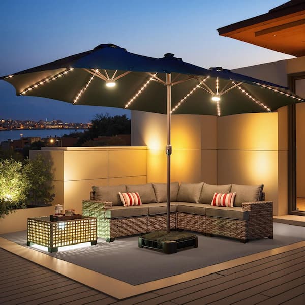 15 ft. x 9 ft. Metal Solar LED Lights Double-sided Market Patio Umbrella with Base and Crank in Dark Blue