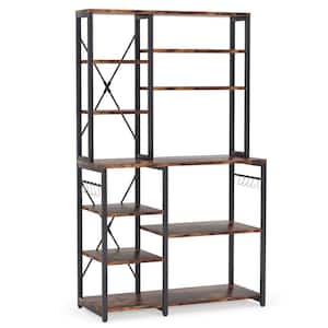 Bachel Modern Brown and Black Kitchen Baker's Rack with Open Shelves and Hanging Hooks