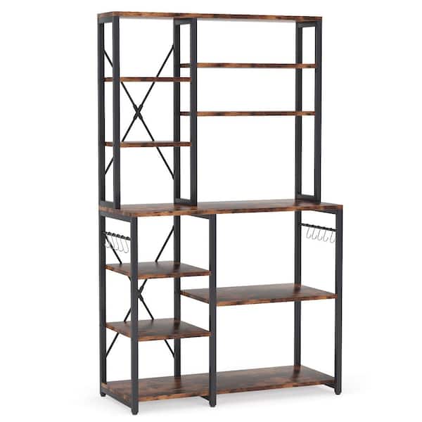 TRIBESIGNS WAY TO ORIGIN Bachel Modern Brown and Black Kitchen Baker's Rack with Open Shelves and Hanging Hooks