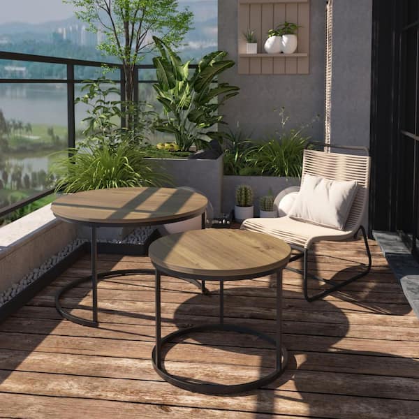 Lazura Modern 27.6 in. Brown Wood Finish Round MDF Nesting Coffee Table + End Table Set, Black Metal Base, Set of 2