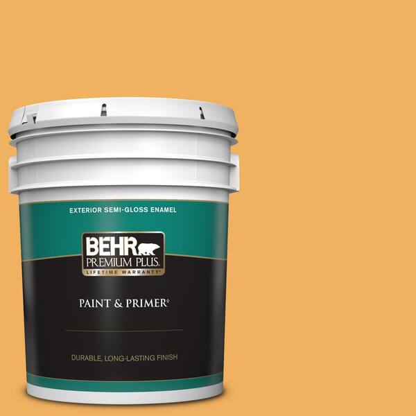 BEHR PREMIUM PLUS 5 gal. #PMD-74 Sweet Honey Semi-Gloss Enamel Exterior Paint & Primer