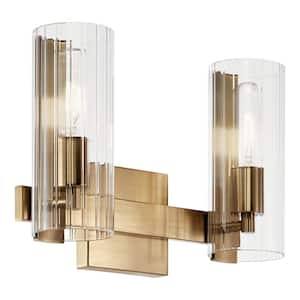 Jemsa 13.75 in. 2-Light Champagne Bronze Soft Modern Bathroom Vanity Light with Clear Fluted Glass