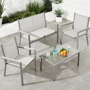 Gray 4-Piece Metal Outdoor Gray Textilene Patio Conversation Furniture Set