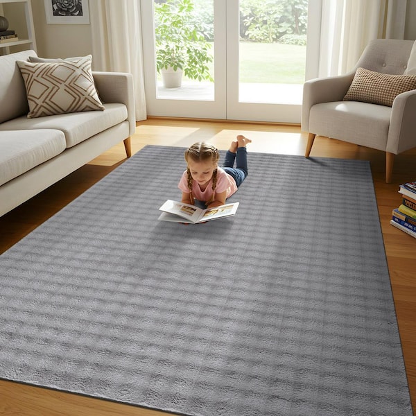 Aurora 4 ft. x 6 ft. Grey Non-Slip Rubber Back Washable Polyester Checker Indoor Area Rug