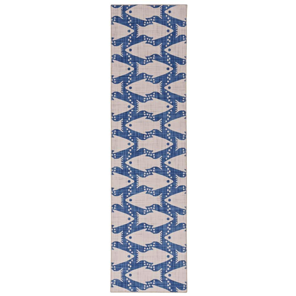 Washable Sterling Ivory and Blue 2 ft. x 8 ft. Coastal Fish Polyester Runne